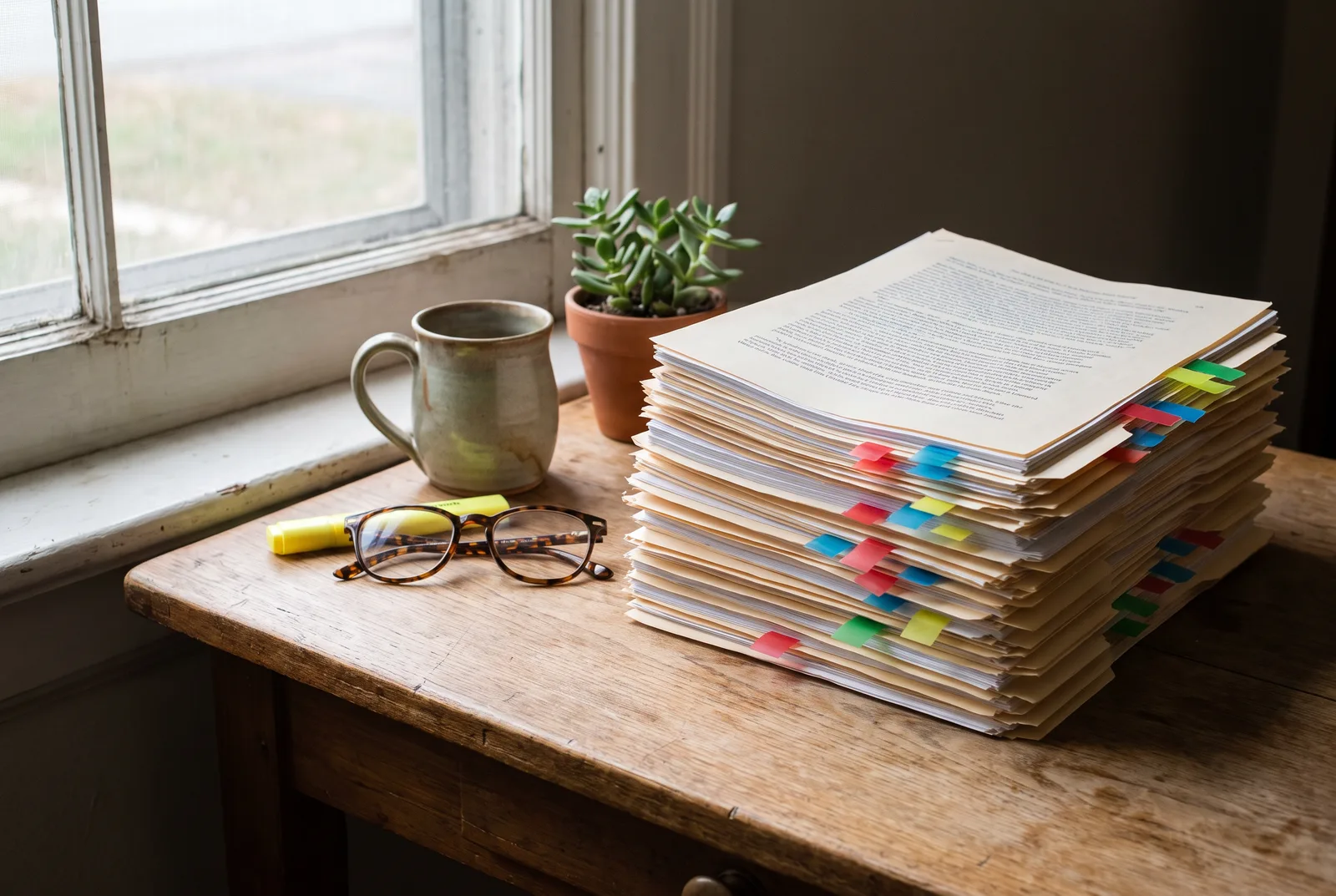 A stack of printed course catalog pages with colored sticky tabs, reading glasses, a highlighter and a mug on a wooden desk by a window.
