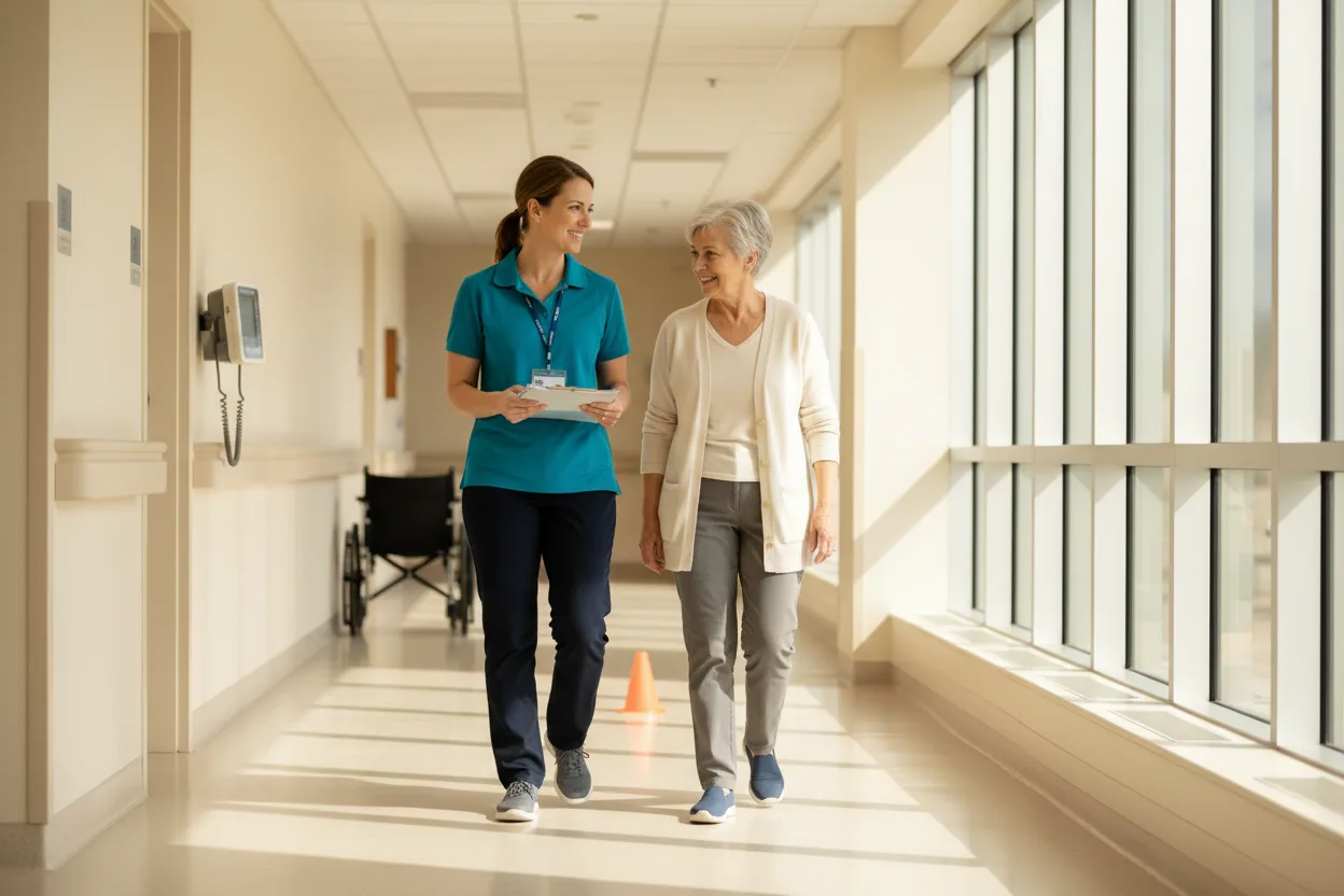 A clinical exercise physiologist in a teal polo shirt walks beside an older woman down a sunlit hospital corridor, holding a clipboard during a supervised walking test.