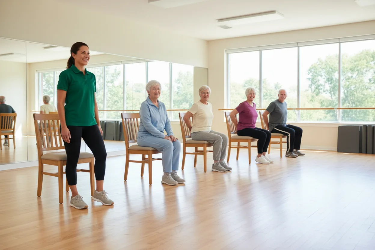 A woman exercise physiologist in a green polo leads a chair-based sit-to-stand exercise class for four smiling older adults in a sunlit community wellness studio with a wood floor and mirrors.