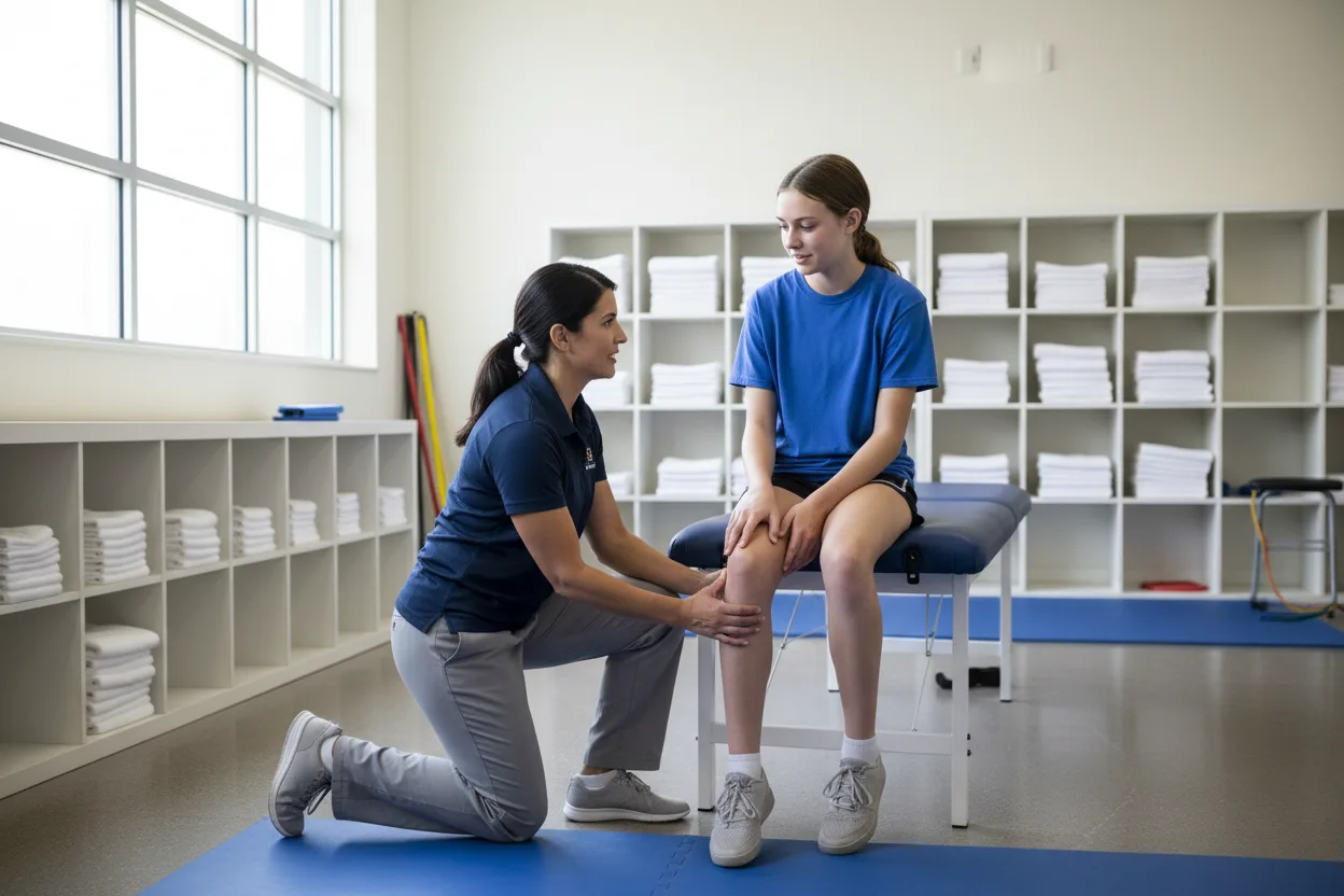 An athletic trainer in a navy polo kneels beside a teenage soccer player seated on a treatment table while they talk about the player's knee in a bright school athletic training room