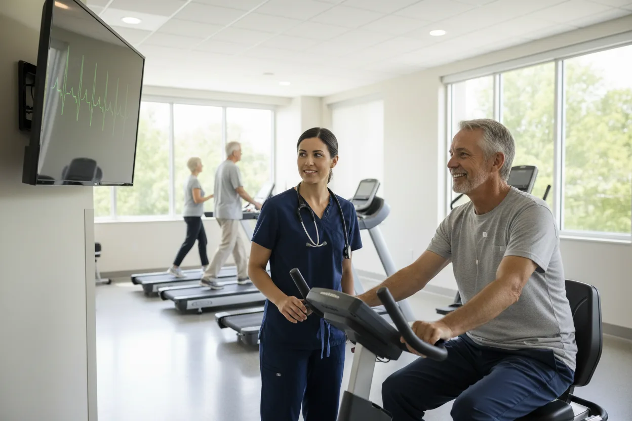 A cardiac rehab exercise physiologist in navy scrubs stands beside a smiling man pedaling a recumbent bike while a wall monitor shows his heart rhythm, with two other patients walking on treadmills in a bright hospital gym.
