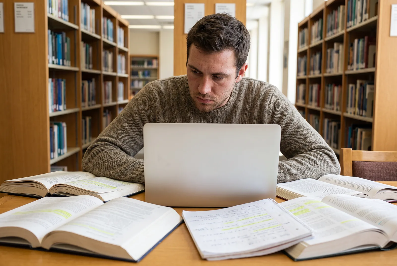 A man studies at a library table with open textbooks, highlighted notes and a laptop.