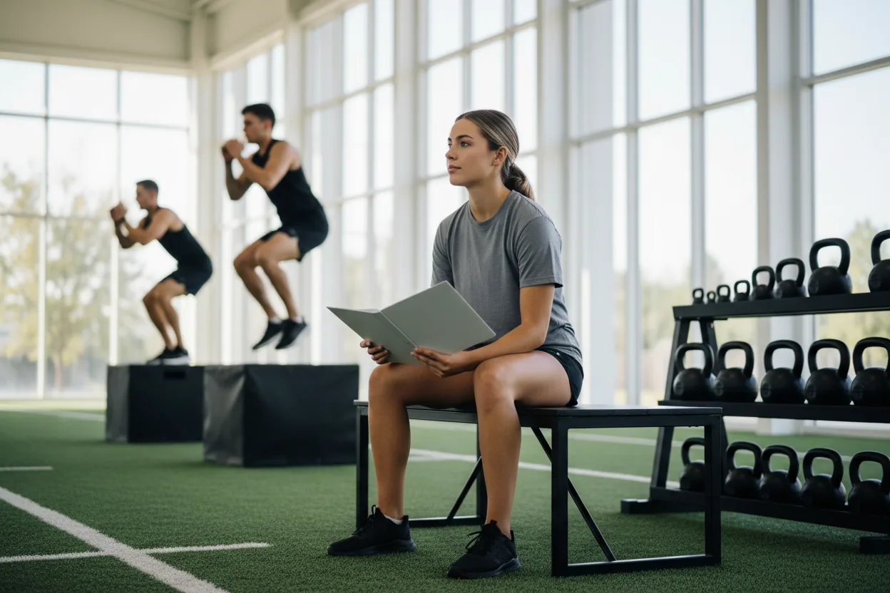 A young woman coach in a gray shirt sits on a bench at the edge of a turf floor holding a folder while two athletes do box jumps behind her.