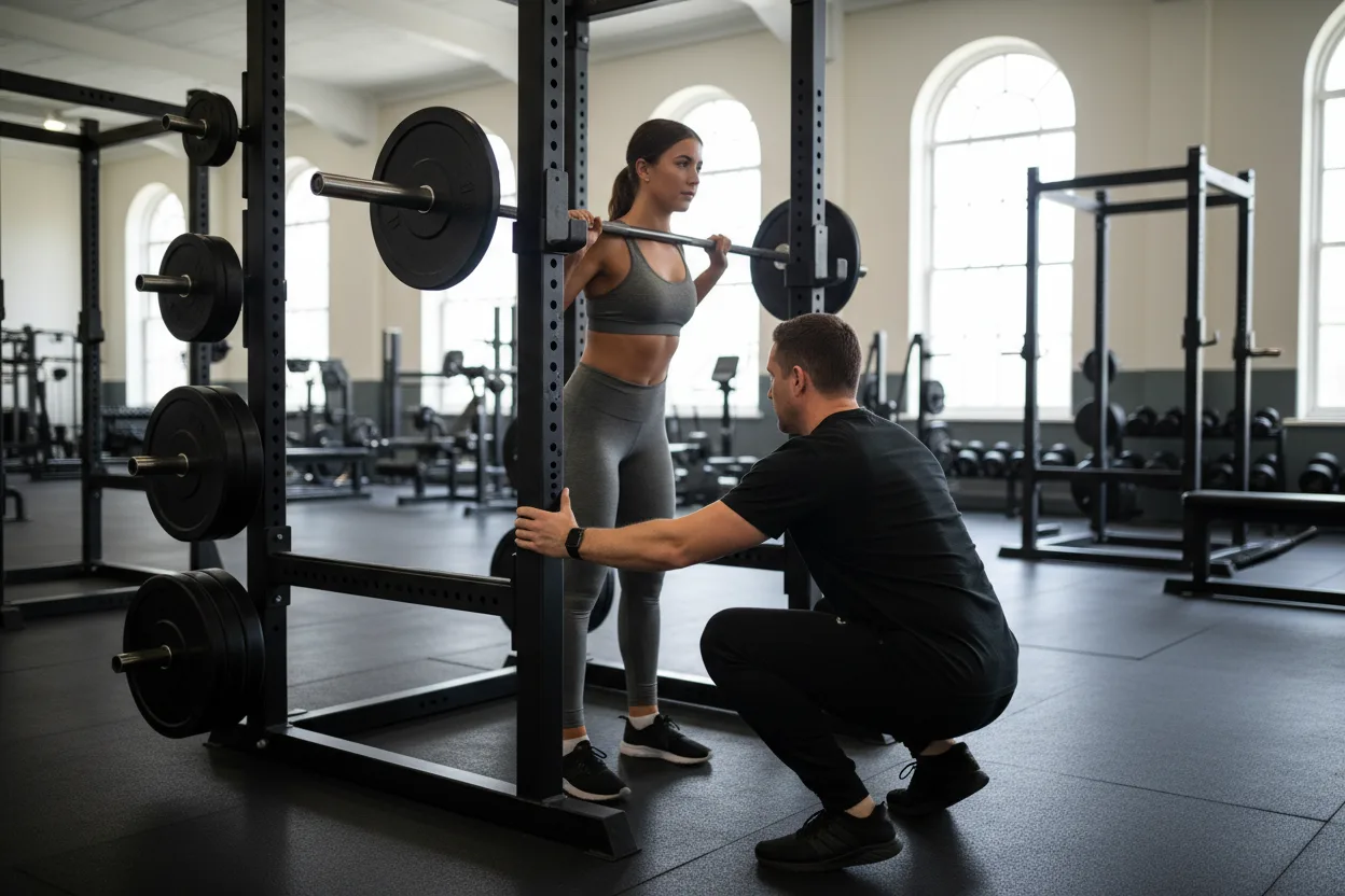 A man strength coach in black crouches to steady the safety pins of a squat rack while a young woman athlete stands under a loaded barbell in a bright university weight room.