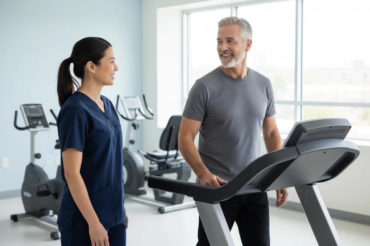 A man in a gray polo stands beside a smiling older woman walking on a treadmill in a hospital exercise room, with a heart-rhythm line on the wall monitor