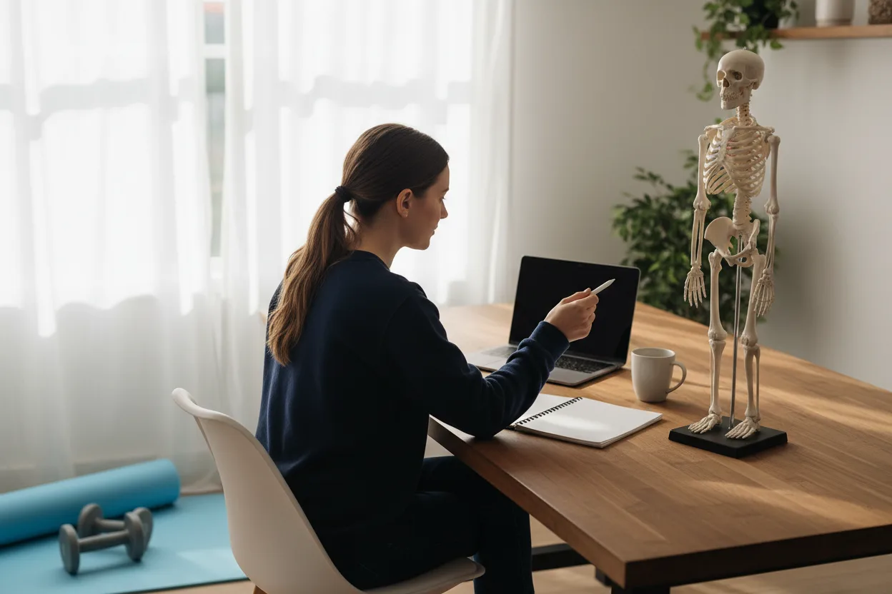 A woman in a navy sweater takes notes at a wooden desk in a bright home office, with a laptop, a mug and a plain anatomical skeleton model beside her and a yoga mat and dumbbells by the window.