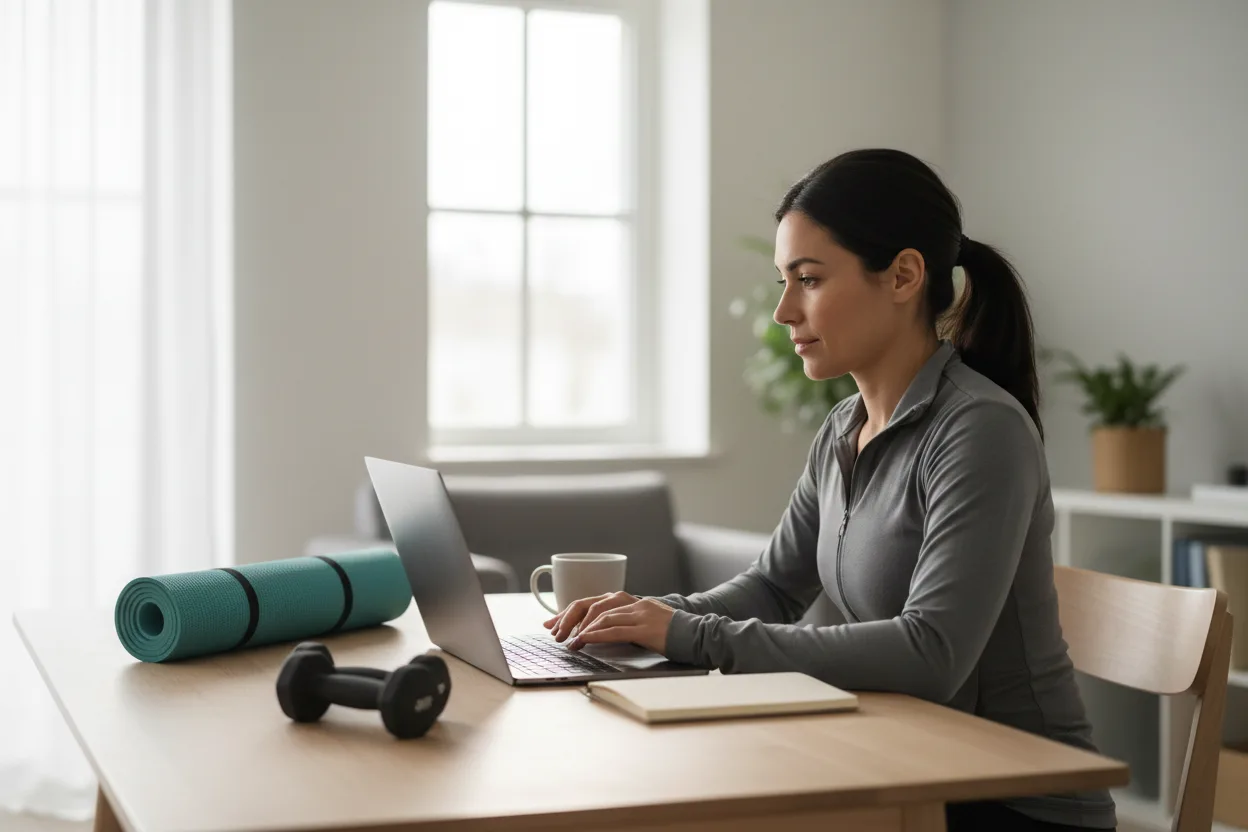 A woman in a gray zip-up top sits at a wooden table in a bright living room, reading her laptop, with a rolled teal yoga mat and a black dumbbell beside her and a window behind.