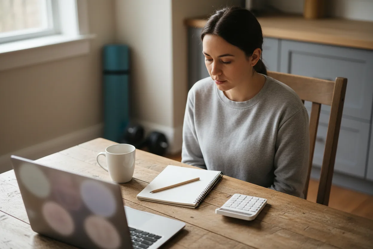 A woman in a gray sweatshirt sits at a wooden kitchen table with a laptop, a spiral notebook, a pencil and a calculator, with a rolled yoga mat and dumbbells on the floor behind her.