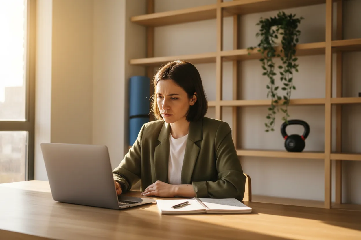 Woman in an olive blazer working at a laptop with a notebook beside her at a wooden desk in a bright home office, a rolled yoga mat and a kettlebell on the shelves behind her