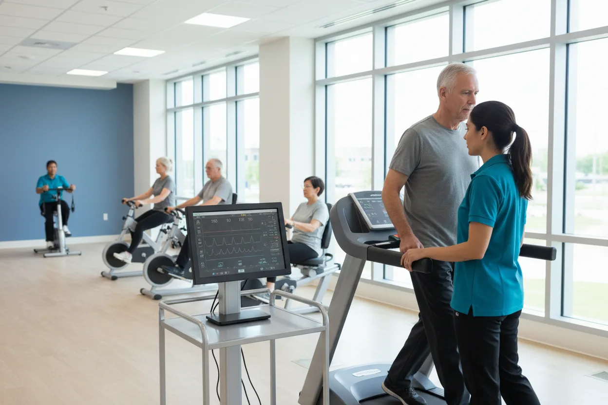 An exercise physiologist in a teal polo guides an older man on a treadmill beside a heart monitor cart while other patients ride recumbent bikes in a bright hospital rehab gym.