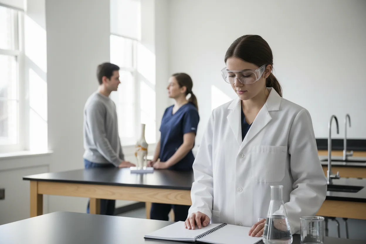 A young woman in a white lab coat and safety glasses looks down at a notebook at a black lab bench with glass flasks, while a young man and a woman physical therapist in navy scrubs talk beside a knee joint model in a bright teaching lab.