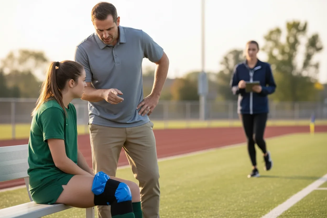 Male athletic trainer in a plain gray polo stands over a seated college soccer player with an ice pack on her knee at the edge of a track, while a colleague with a tablet and a runner are blurred in the background