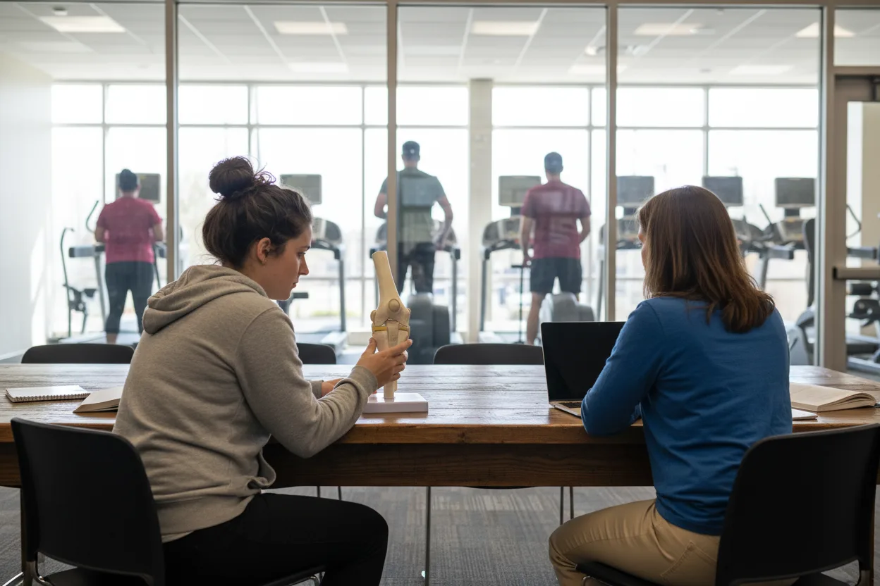 Two women at a wooden study table in a campus commons, one holding a model of a knee joint and the other reading a laptop, with people on treadmills visible through a glass wall behind them