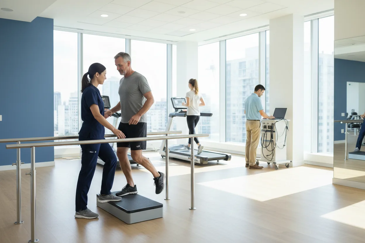 A woman physical therapist in navy scrubs guides a middle-aged man stepping onto a low platform beside parallel bars, while behind them a young woman runs on a treadmill and a man in a polo shirt reads a laptop on an exercise testing cart in a bright clinic.