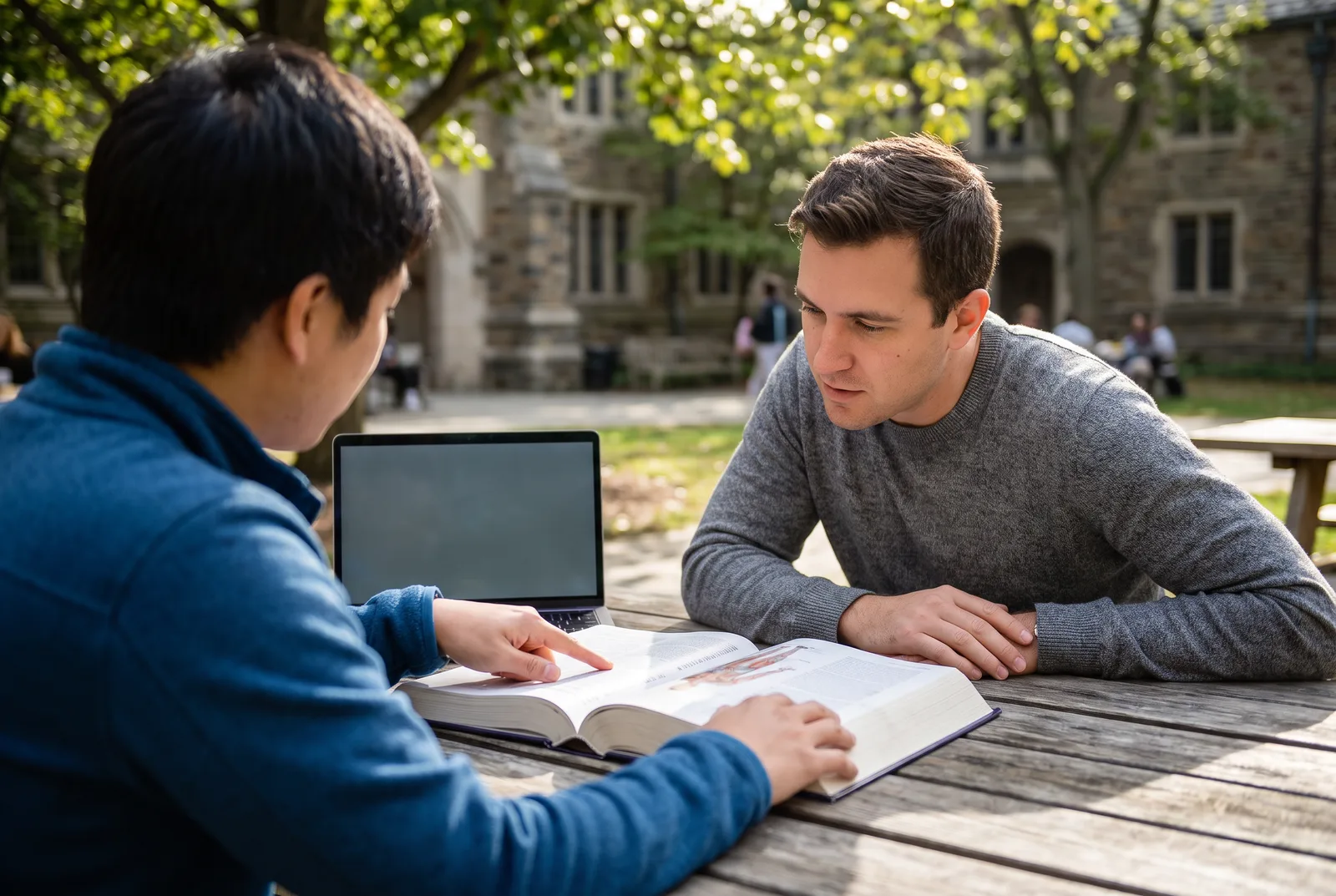 Two adult students at an outdoor campus table look over an anatomy textbook beside a laptop.