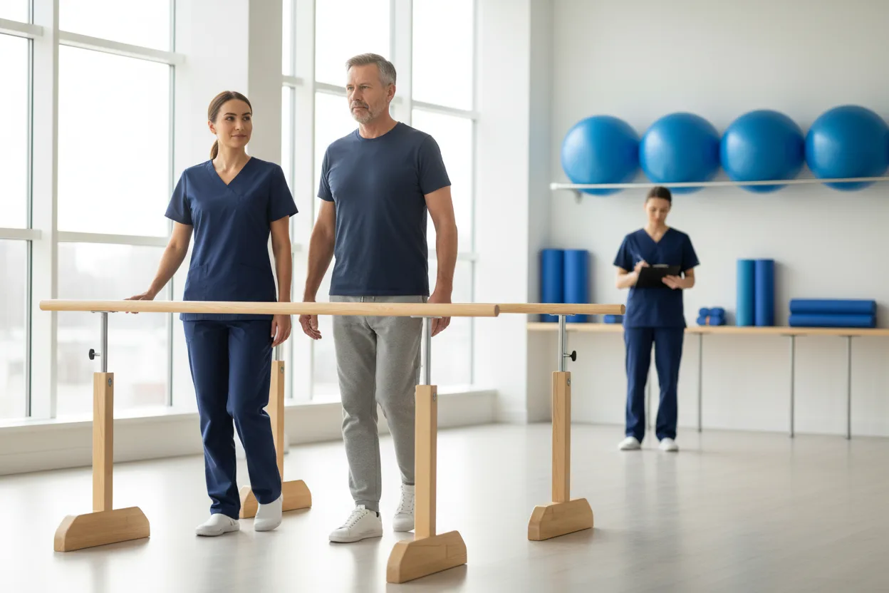 A physical therapist in navy scrubs stands beside a man walking between wooden parallel bars in a bright rehabilitation clinic