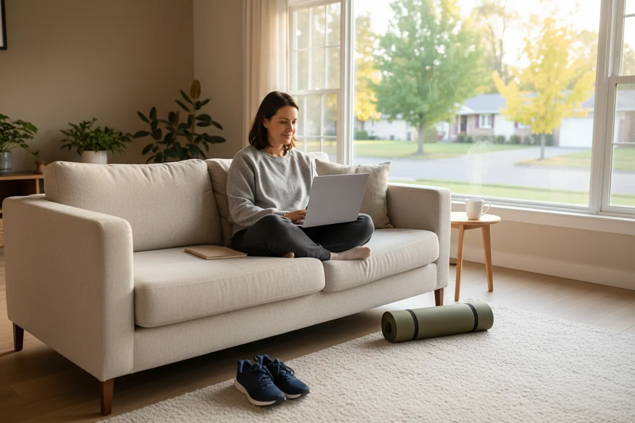A woman in her thirties sits cross-legged on a living room sofa with a laptop on her knees in early morning light, with running shoes and a rolled yoga mat on the rug beside her.