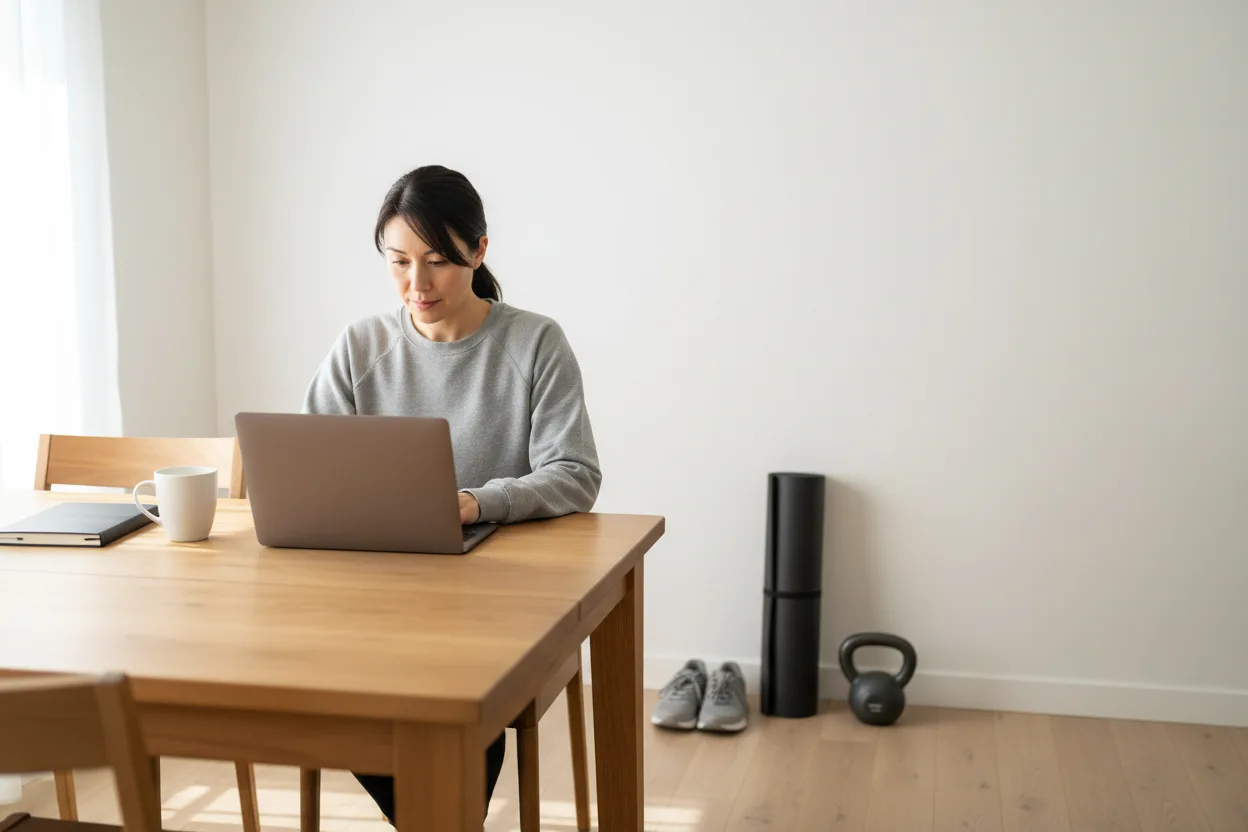 A woman in a gray sweatshirt studies on a laptop at a sunlit wooden table at home, with a rolled black yoga mat, gray running shoes and a black kettlebell resting against the white wall behind her.