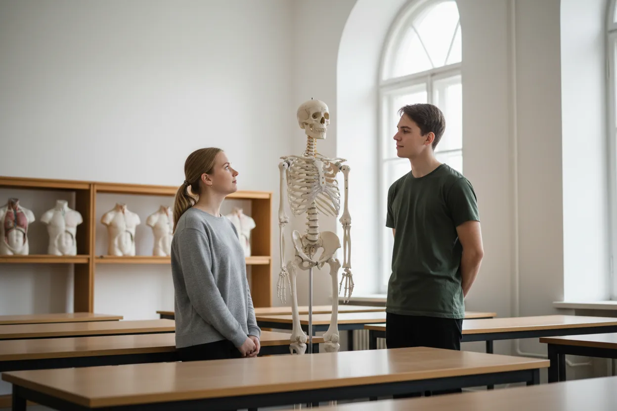 A young woman in a grey sweater and a young man in a green t-shirt stand talking near a full-size skeleton model in a bright university anatomy classroom with tall arched windows.