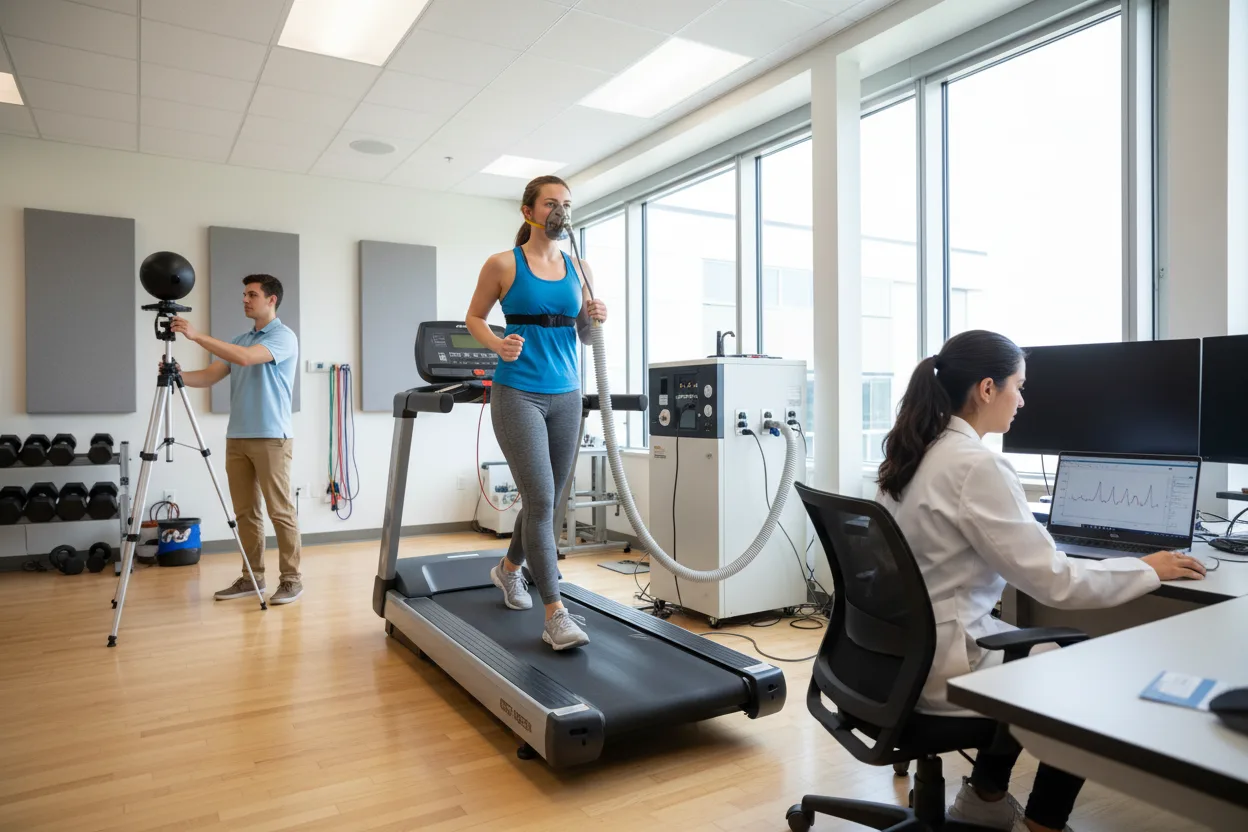 Young woman jogging on a treadmill in a bright exercise physiology lab while a colleague in a lab coat reviews test data and another sets up a camera