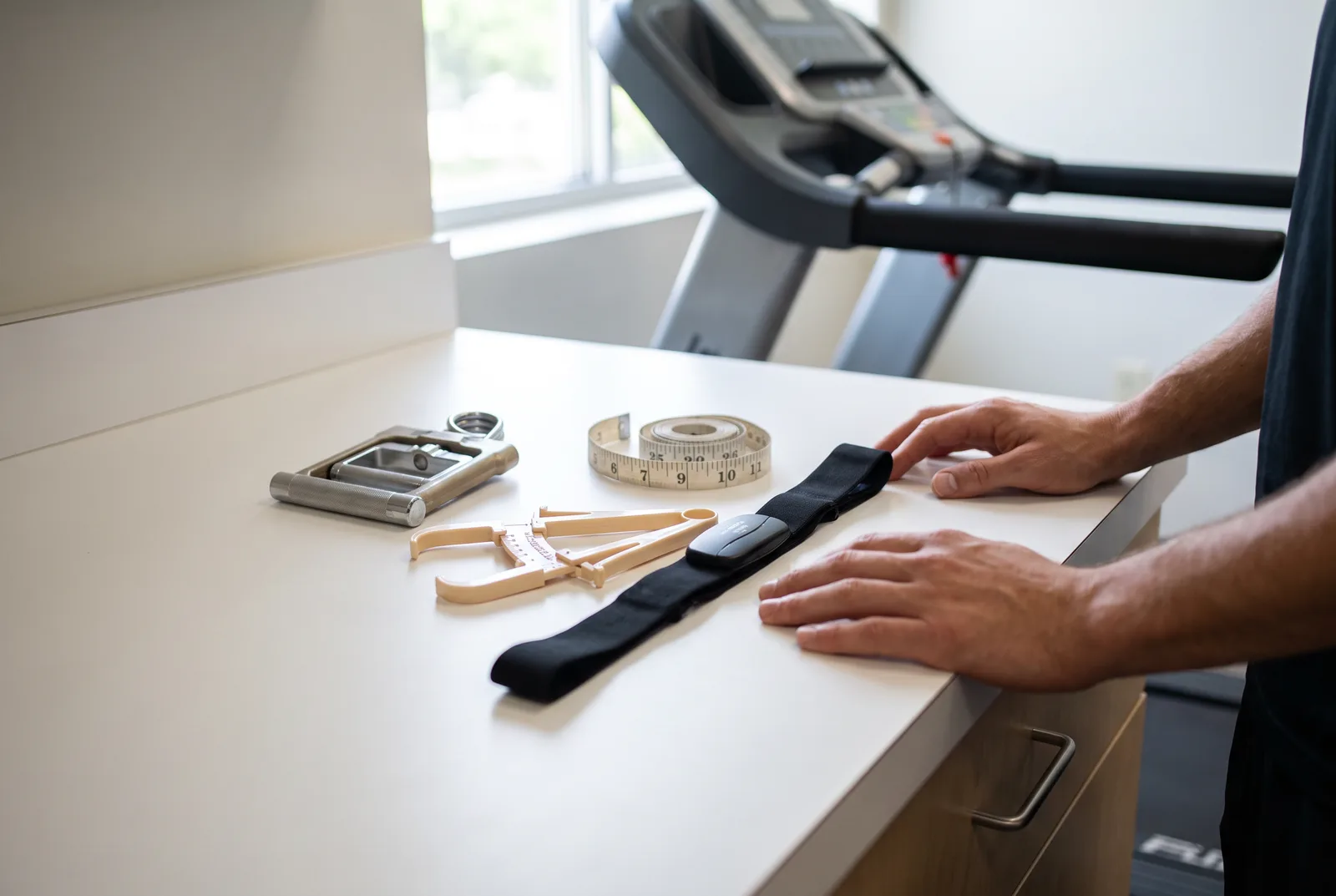 A hand grip dynamometer, skinfold caliper, tape measure and heart rate chest strap on a white lab counter in front of a treadmill.