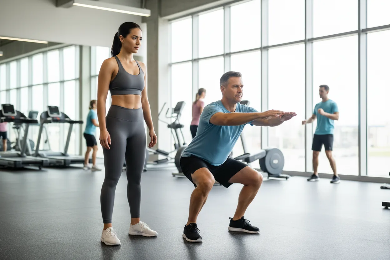 A woman personal trainer watches a man in his forties perform a bodyweight squat in a bright gym with tall windows