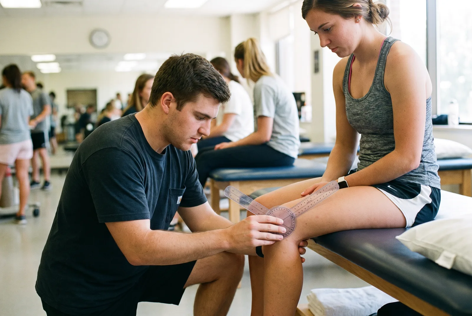 A kinesiology student measures a classmate's knee range of motion with a goniometer on a treatment table in a teaching lab.