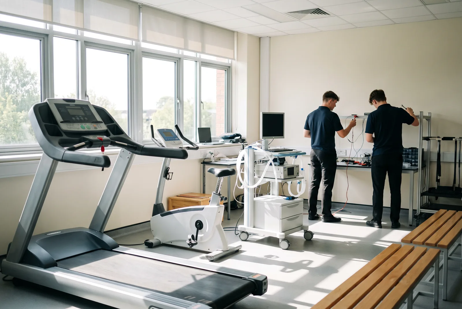 A bright university exercise science lab with a treadmill, cycle ergometer and metabolic cart, with two students setting up equipment by the far wall.