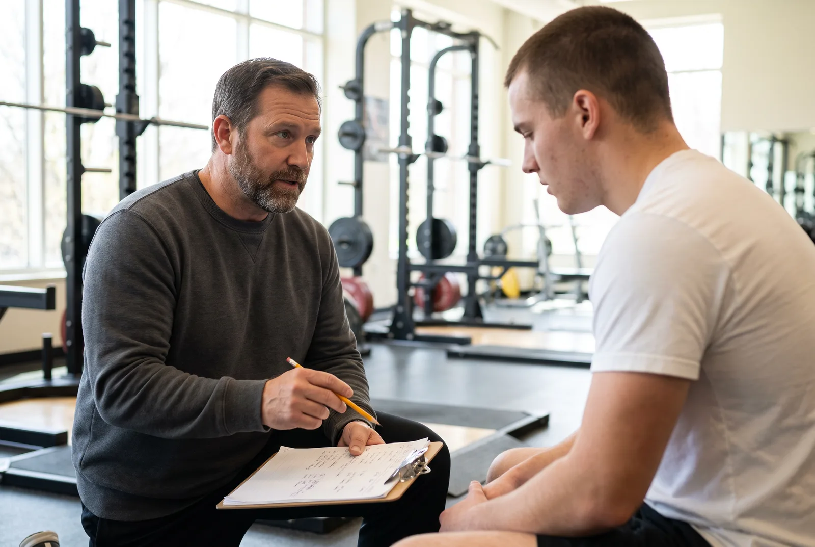 A strength coach in a gray sweatshirt goes over a handwritten workout on a clipboard with a college athlete in a university weight room.