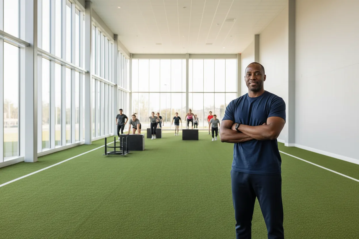 A strength coach in a navy t-shirt stands with his arms crossed on a green turf lane in a bright indoor training facility while athletes do box jumps and sled pushes behind him