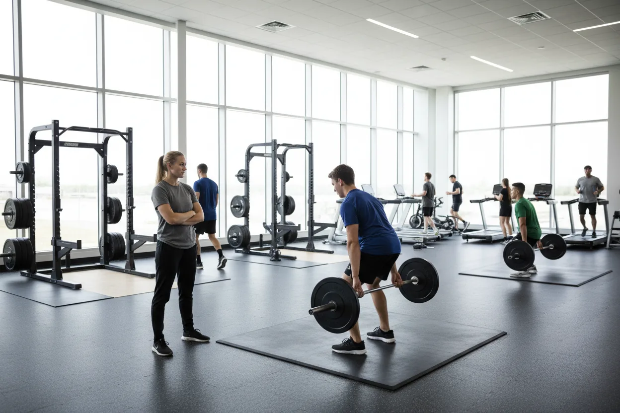 A woman strength and conditioning coach in a gray t-shirt watches a young man perform a barbell deadlift on a rubber lifting platform in a bright university weight room with tall windows