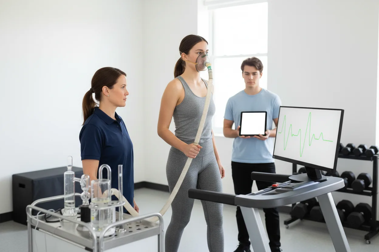 A young woman in a breathing mask walks on a treadmill in a university exercise physiology lab while a female exercise scientist and a male student watch a heart-rate graph.